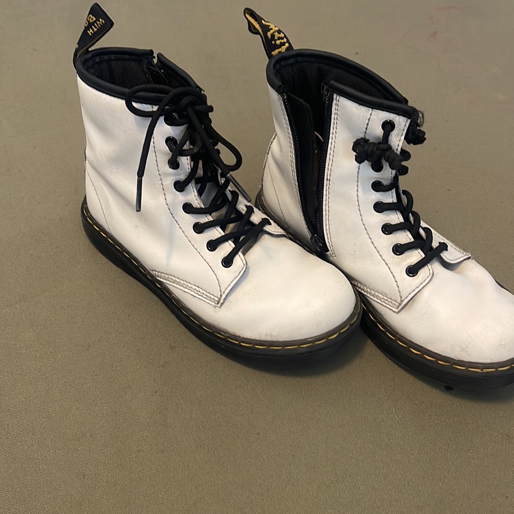 Dr. Martens Kids White/Black Color Girl Boots W Zipper, Size 3”